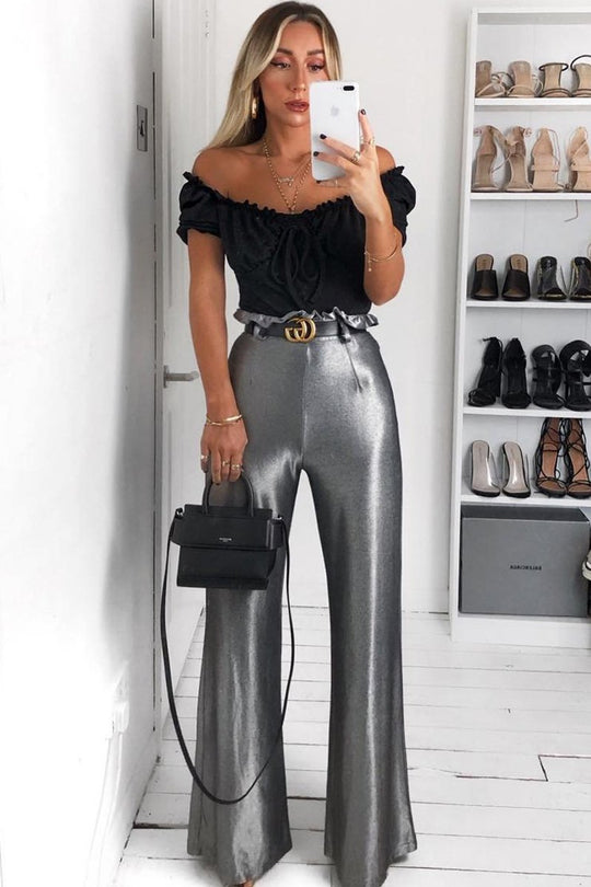 Black Ruffle Tie Front Bardot Crop Top - Pandora