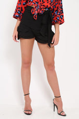 Black Ruffle Trim Belted Shorts - Afra-Shorts