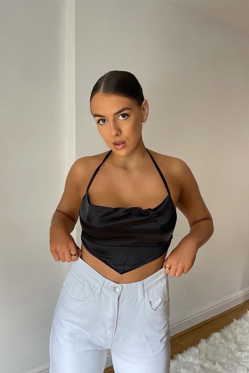 Black Satin Bandana Halter Crop Top - Talisa-Crop Tops