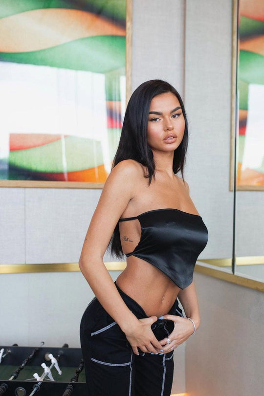 Black Satin Bandana Halter Crop Top - Talisa