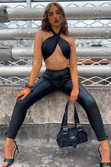 Black Satin Bandana Halterneck Crop Top - Charlise-Crop Tops
