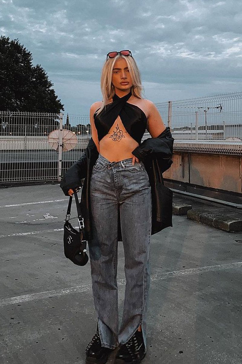 Black Satin Bandana Halterneck Crop Top - Charlise-Crop Tops