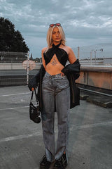 Black Satin Bandana Halterneck Crop Top - Charlise-Crop Tops