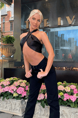 Black Satin Bandana Halterneck Crop Top - Charlise-Crop Tops