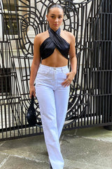 Black Satin Bandana Halterneck Crop Top - Charlise-Crop Tops