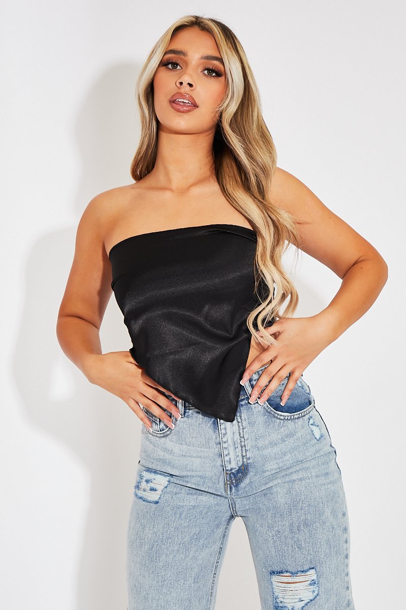 Black Satin Bandana Scarf Top - Leanna-Crop Tops