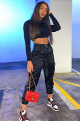 Black Satin Belted Utility Pocket Double Buttoned Trousers - Una-Trousers