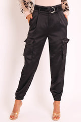 Black Satin Belted Utility Pocket Double Buttoned Trousers - Una-Trousers