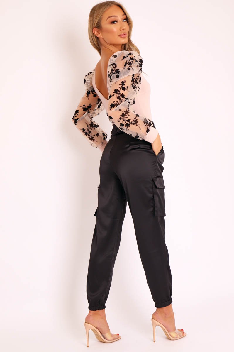 Black Satin Belted Utility Pocket Double Buttoned Trousers - Una-Trousers