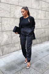Black Satin Belted Utility Pocket Double Buttoned Trousers - Una-Trousers
