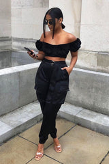 Black Satin Belted Utility Pocket Double Buttoned Trousers - Una-Trousers