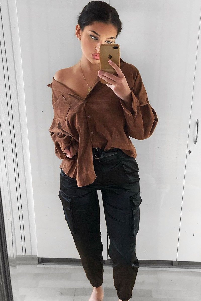 Black Satin Belted Utility Pocket Double Buttoned Trousers - Una-Trousers