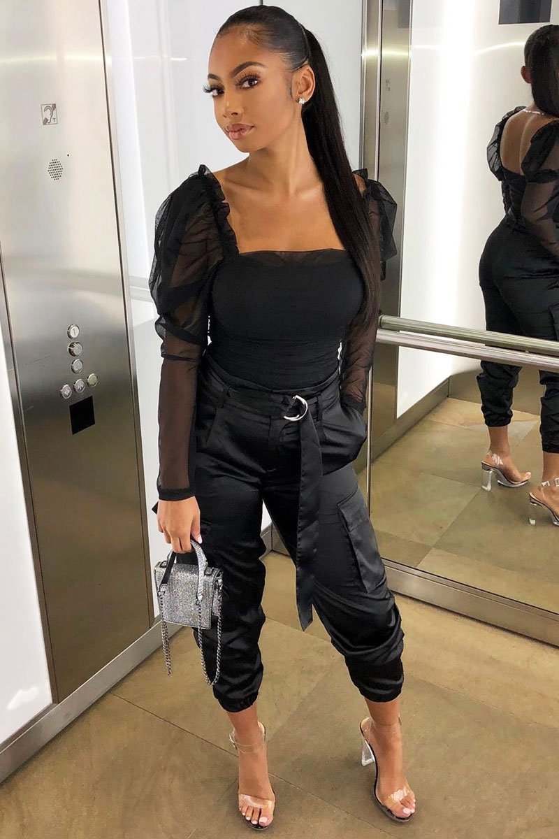 Black Satin Belted Utility Pocket Double Buttoned Trousers - Una-Trousers