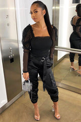 Black Satin Belted Utility Pocket Double Buttoned Trousers - Una-Trousers