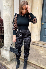 Black Satin Belted Utility Pocket Double Buttoned Trousers - Una-Trousers