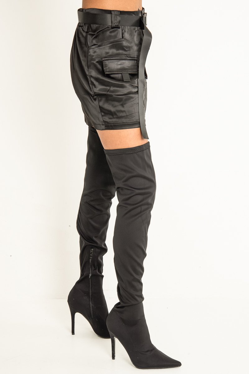 Black Satin Buckle Belted Utility Skirt - Ishi-Skirts