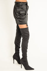 Black Satin Buckle Belted Utility Skirt - Ishi-Skirts