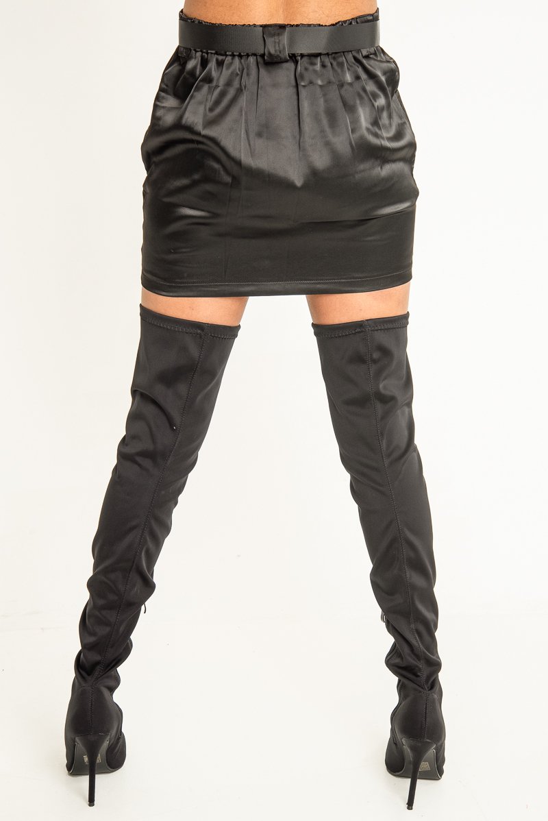 Black Satin Buckle Belted Utility Skirt - Ishi-Skirts