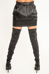 Black Satin Buckle Belted Utility Skirt - Ishi-Skirts