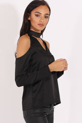 Black Satin Cold Shoulder Choker Top - Dana-Tops