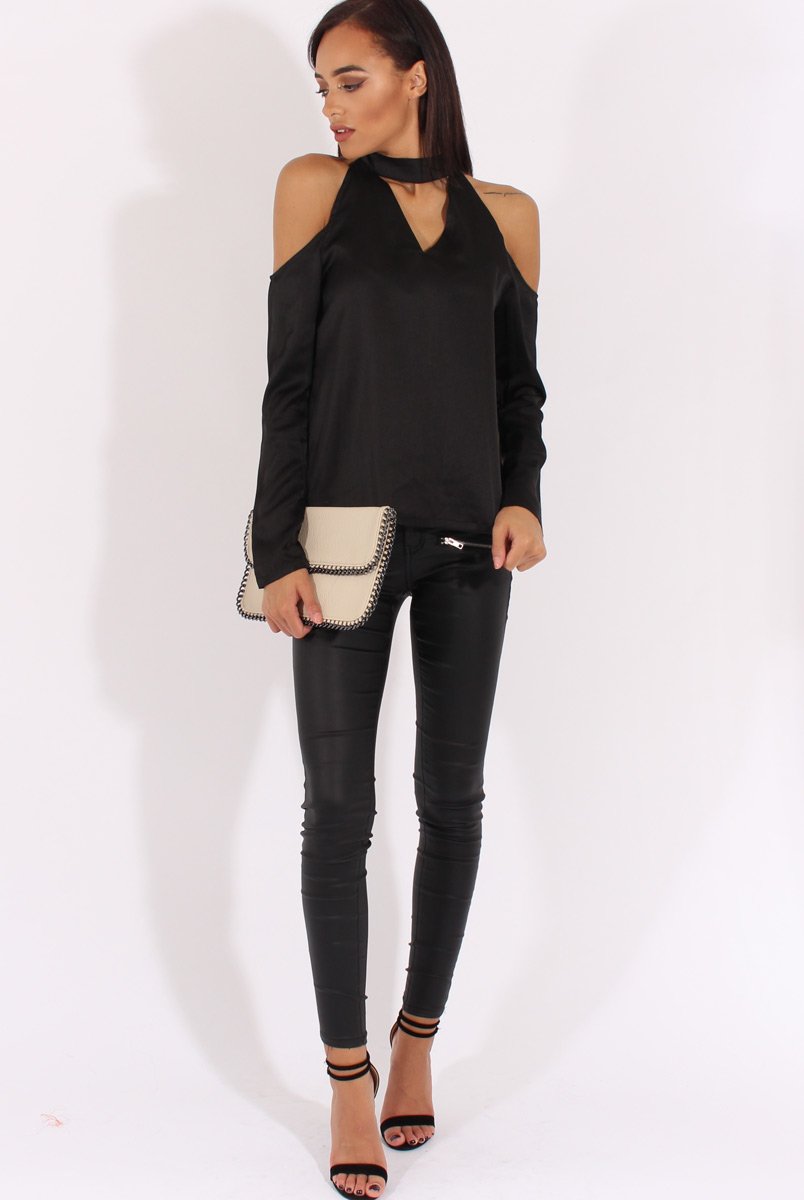 Black Satin Cold Shoulder Choker Top - Dana-Tops