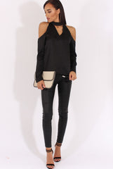 Black Satin Cold Shoulder Choker Top - Dana-Tops