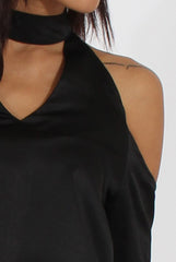 Black Satin Cold Shoulder Choker Top - Dana-Tops