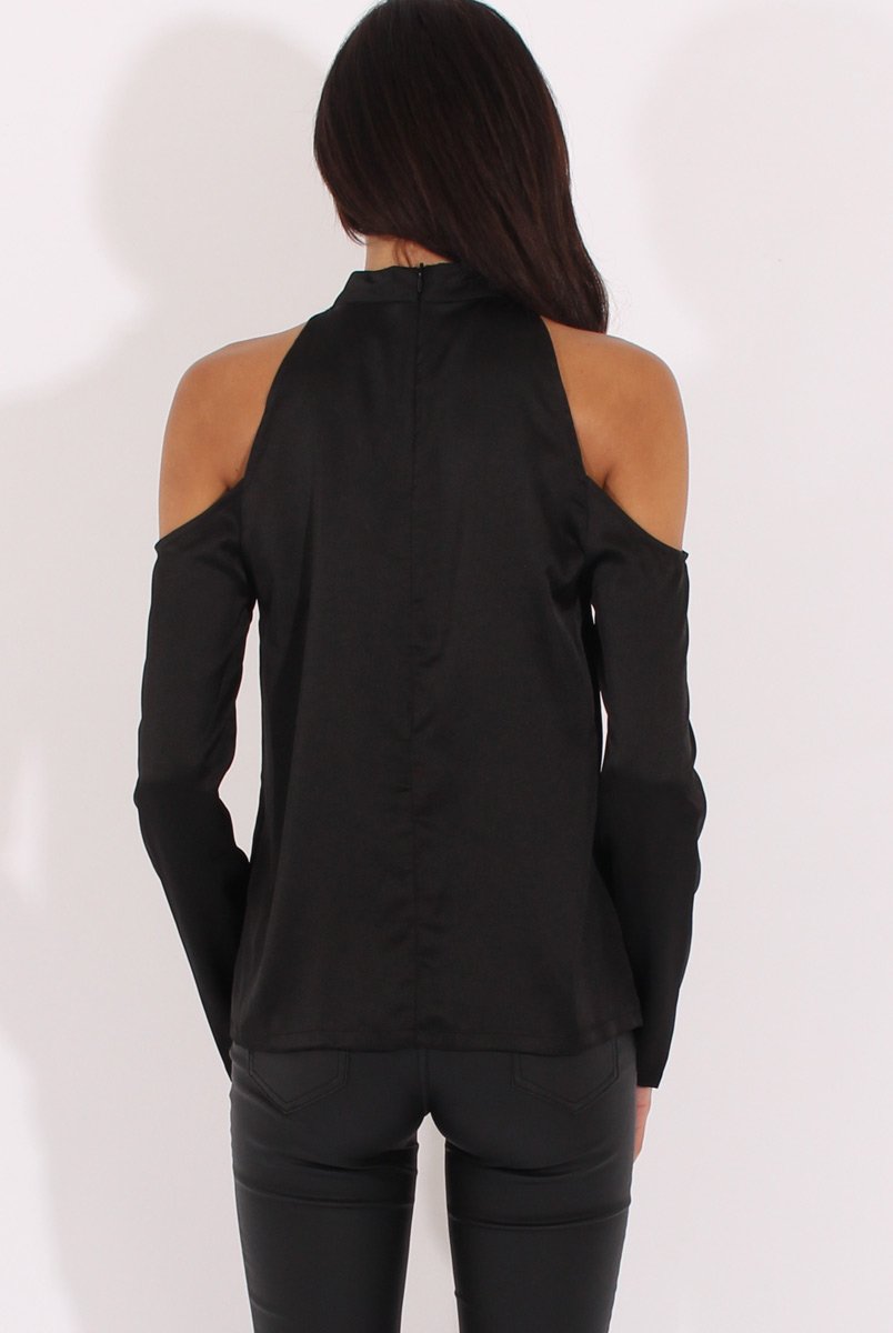 Black Satin Cold Shoulder Choker Top - Dana-Tops