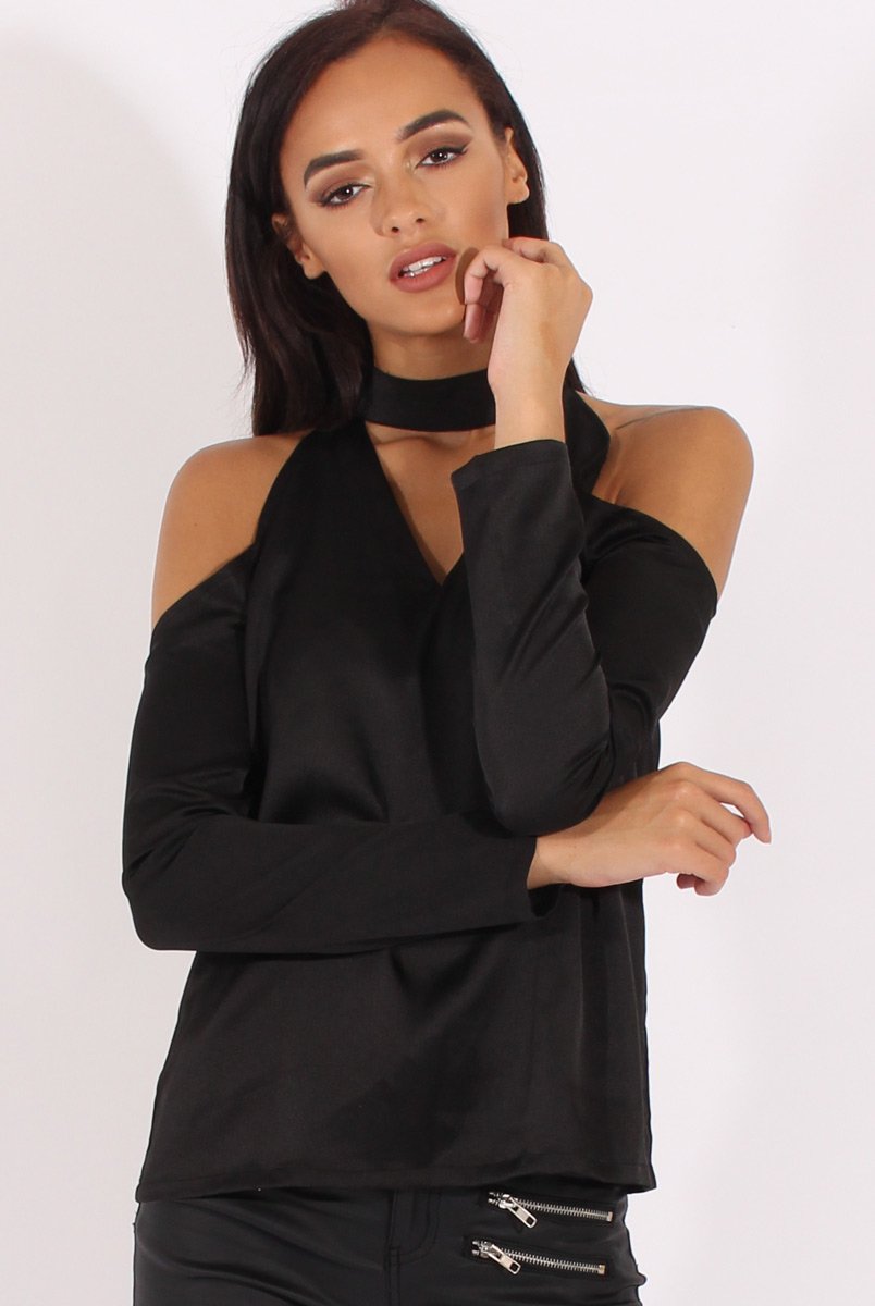 Black Satin Cold Shoulder Choker Top - Dana-Tops