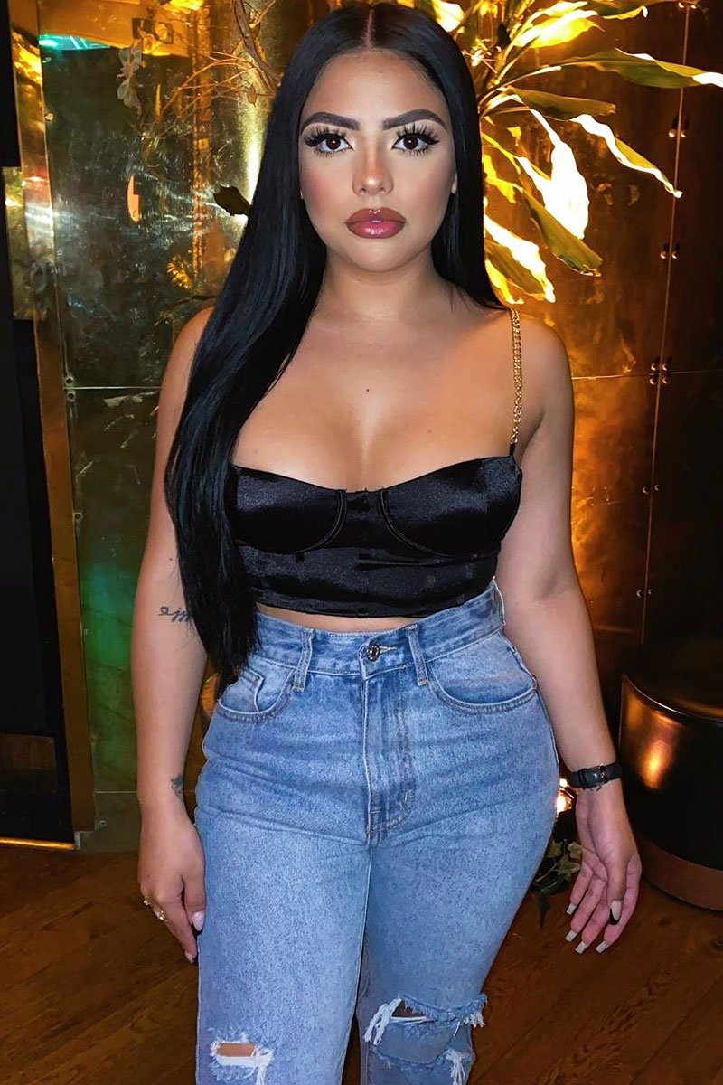 Black Satin Corset Detail Chain Strap Crop Top - Vinisha-Crop Tops
