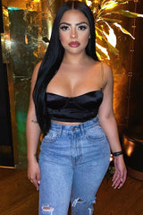 Black Satin Corset Detail Chain Strap Crop Top - Vinisha-Crop Tops