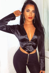 Black Satin Corset Detail Plunge Blouse - Myha-Blouse