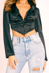 Black Satin Corset Detail Plunge Blouse - Myha-Blouse