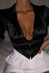 Black Satin Corset Detail Plunge Blouse - Myha-Blouse
