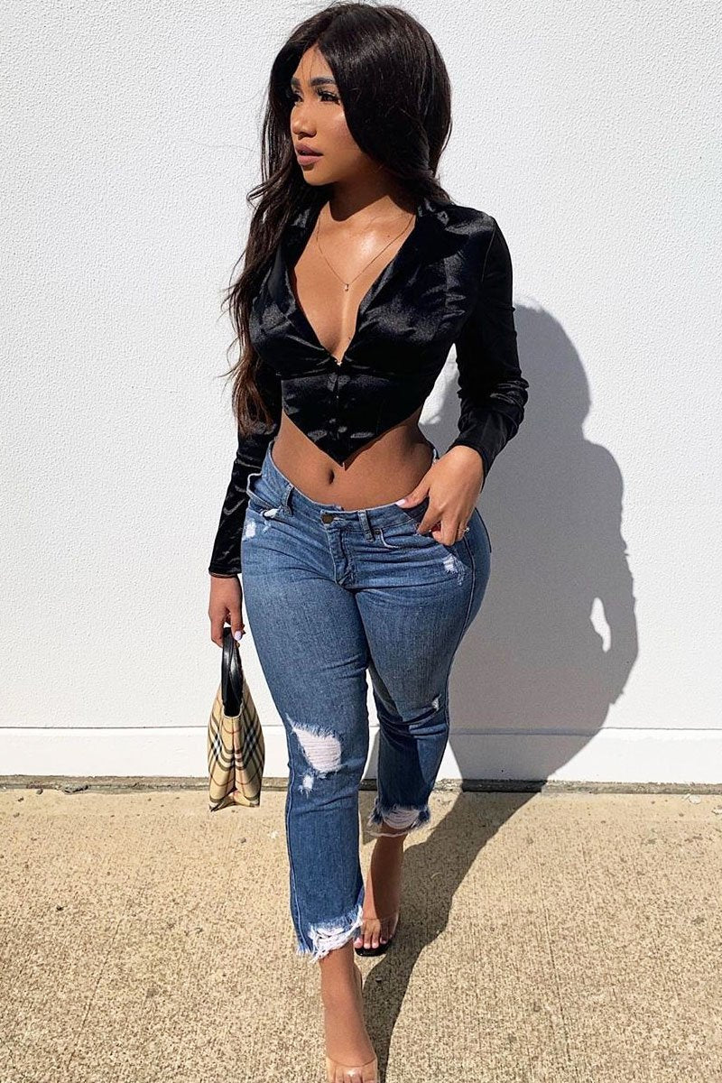 Black Satin Corset Detail Plunge Blouse - Myha-Blouse