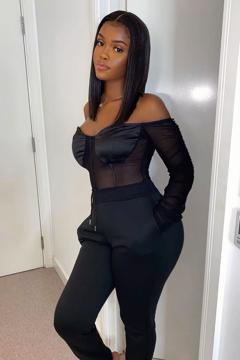 Black Satin Corset Ruched Arm Bodysuit - Hartlee-Bodysuits