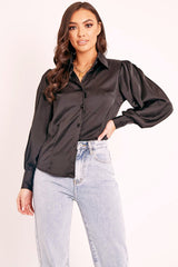 Black Satin Covered Button Shirt - Eliza-Shirts