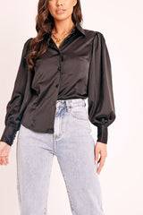 Black Satin Covered Button Shirt - Eliza-Shirts