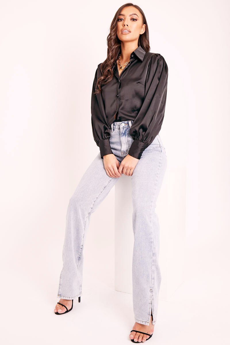 Black Satin Covered Button Shirt - Eliza-Shirts