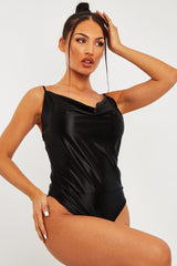 Black Satin Cowl Neck Bodysuit - Miley-Bodysuits