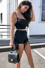 Black Satin Cowl Neck Lace Up Back Crop Top - Kamsi-Crop Tops