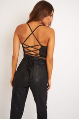 Black Satin Cowl Neck Lace Up Back Crop Top - Kamsi-Crop Tops