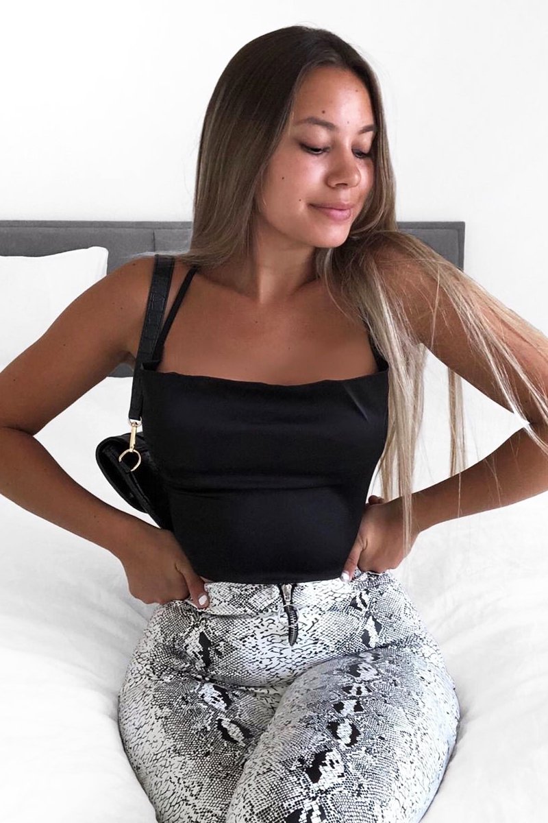 Black Satin Cowl Neck Lace Up Back Crop Top - Kamsi-Crop Tops