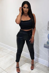 Black Satin Cowl Neck Lace Up Back Crop Top - Kamsi-Crop Tops