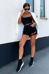 Black Satin Cowl Neck Lace Up Back Crop Top - Kamsi-Crop Tops