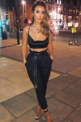 Black Satin Cowl Neck Lace Up Back Crop Top - Kamsi-Crop Tops