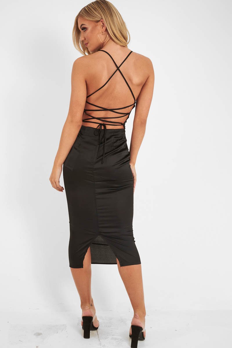 Black Satin Cowl Neck Midi Bodycon Dress - Liliana-Dresses