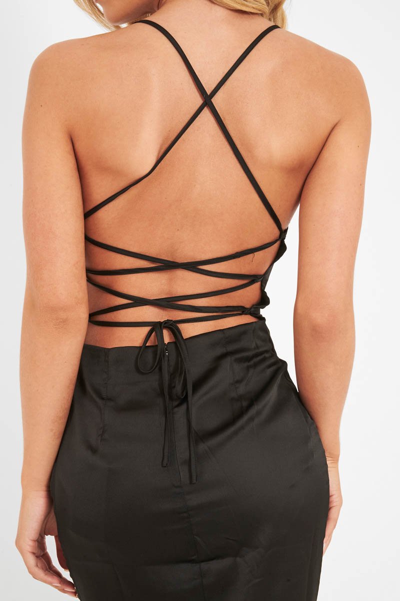 Black Satin Cowl Neck Midi Bodycon Dress - Liliana-Dresses