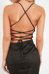 Black Satin Cowl Neck Midi Bodycon Dress - Liliana-Dresses