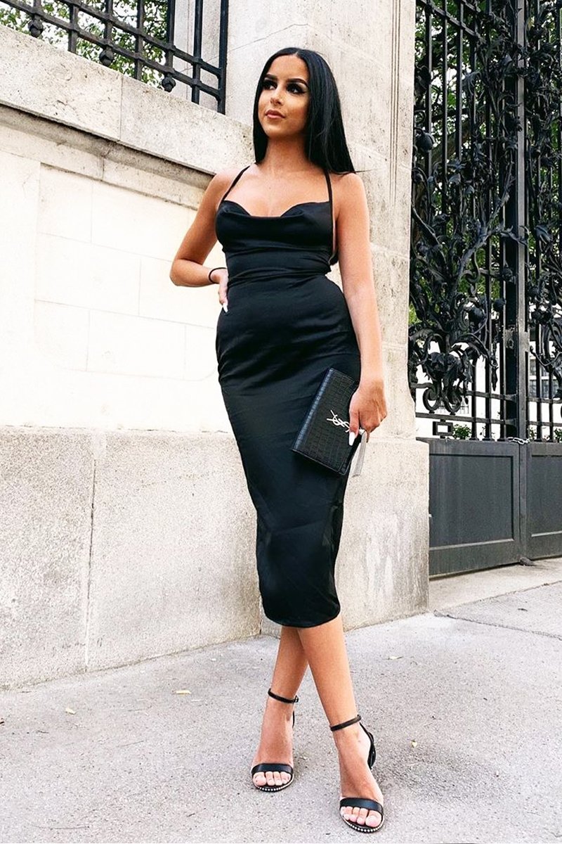 Black Satin Cowl Neck Midi Bodycon Dress - Liliana-Dresses